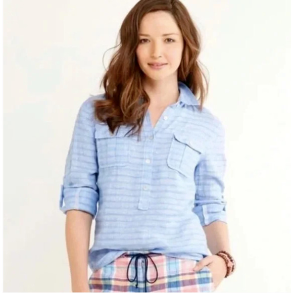 VINEYARD VINES Womens Blue Size 2 Striped Linen Camp Popover - Picture 1 of 9